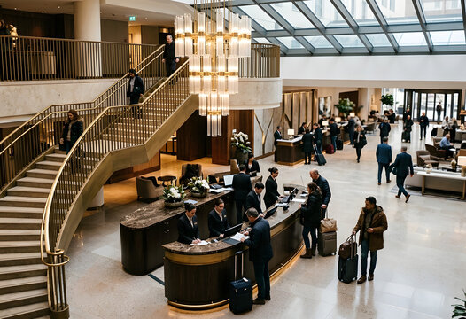 Crowded luxury hotel reception area with travelers and staff