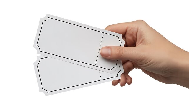 Hand holding two blank admission tickets isolated on white background