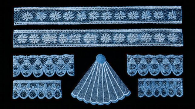 Elegant set of light blue decorative lace trims with intricate geometric patterns, featuring straight and fan-shaped edging designs for textile decoration, fashion detailing, sewing projects, and vint