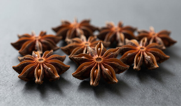 Star anise pods lie scattered on a dark textured surface. Each pod displays a star-shaped symmetry with rich brown hues. The lighting highlights natural folds and subtle surface details