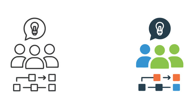 Group brainstorming and process development icon set in flat vector style for modern business strategy and creative problem solving concepts on white background