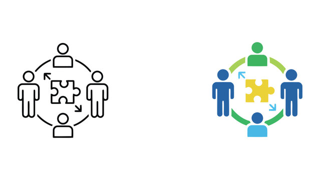 Team puzzle solving and collaborative problem solving icon set featuring outline and colored styles with puzzle pieces for business strategy and unified goal achievement