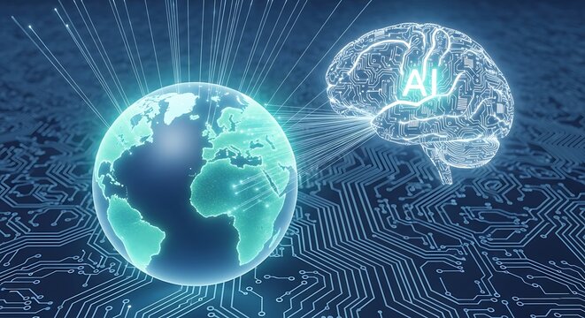 Glowing digital brain connected to a holographic globe on a dark circuit board background, representing global artificial, intelligence systems