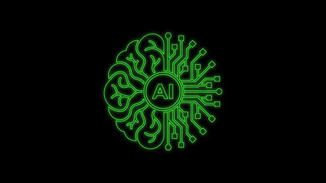 Artificial intelligence digital brain logo animation glowing green circuit board concept showing neural network development modern machine learning.