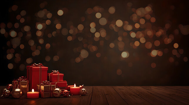 Cozy Christmas Still Life with Red Gift Boxes and Burning Candles on Wooden Table