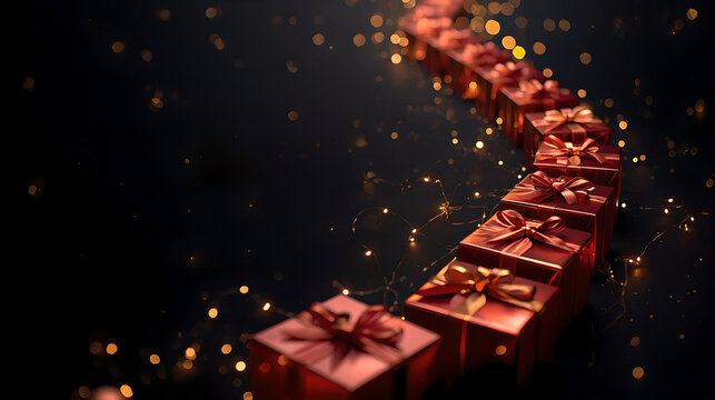 Creative Trail of Red Christmas Gift Boxes with Sparkling Fairy Lights on Dark Background