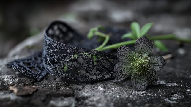 Close-up view of black lace fabric with intricate floral embroidery and delicate sheer texture, elegant textile surface background, romantic decorative pattern design with fine detailed craftsmanship 