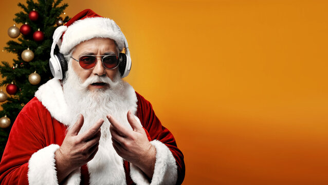 adult man dressed wearing red suit dark sunglasses white headphones gesturing hands against orange wall near decorated tree.