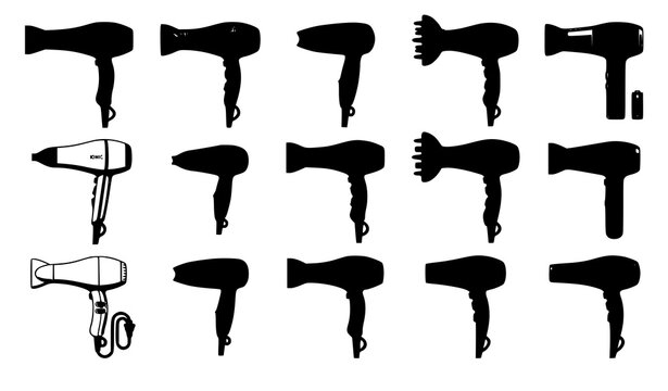 Different hair dryers collection vector illustration beauty styling tool set isolated on white background