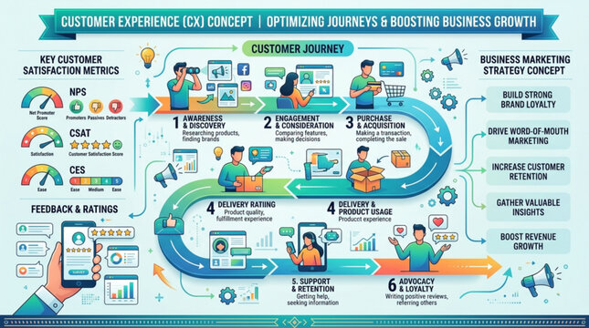 Customer experience concept optimizing journeys and boosting business growth strategy