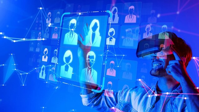 Young man using virtual reality headset interacting with digital avatars in blue and purple futuristic environment with glowing connections and patterns Sigmoid