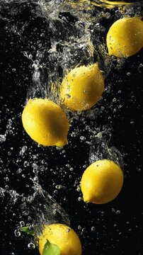 Fresh yellow lemons splashing into clear water against a black background. Dynamic food photography capturing citrus fruits underwater with bubbles and water droplets