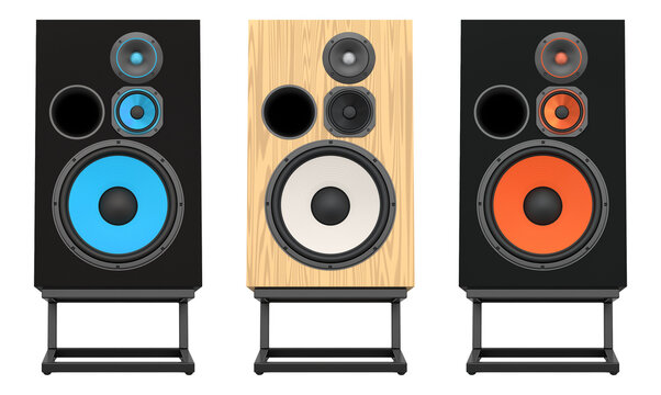 Set of stylish wooden speakers isolated on white background, concept of home audio and music equipment
