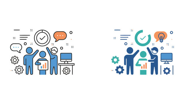 Efficient business project management and team communication icon set with progress charts and task completion checkmarks for corporate productivity workflows