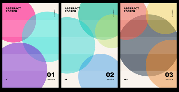 Set of three abstract posters with overlapping colorful circles, geometric shapes, modern minimalist design, creative template for flyer, banner, or social media. Vector illustration.