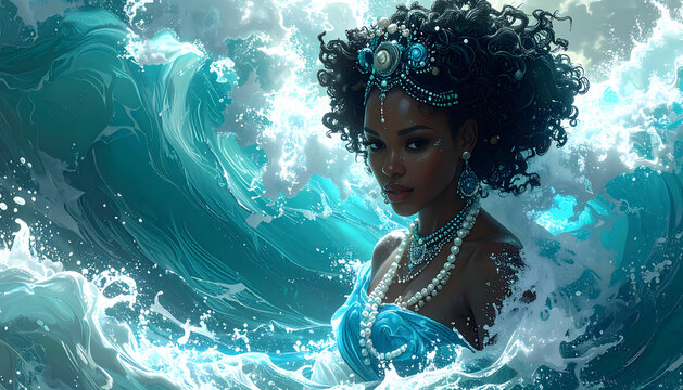Yemaya deity emerging from turquoise waves wearing a water dress with pearls and cowrie shells in a majestic digital illustration generative AI