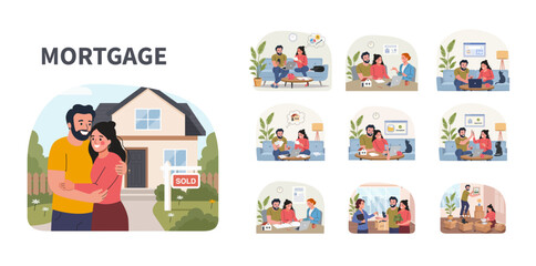 Naklejka premium Mortgage Process Flat Illustration Set. Family Home Loan Journey, Approval, Contract Signing, Moving and New House Vector Collection
