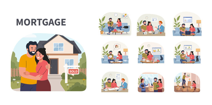 Mortgage Process Flat Illustration Set. Family Home Loan Journey, Approval, Contract Signing, Moving and New House Vector Collection