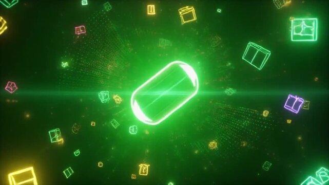 Glowing green rectangle emits light surrounded by colorful icons floating in dark space
