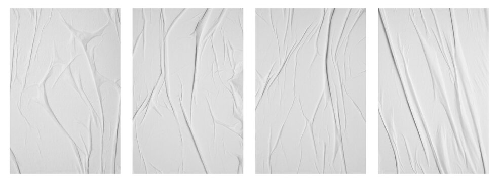 Blank white crumpled and creased paper poster texture set isolated on white background