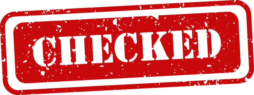 Red checked stamp with white text on white background