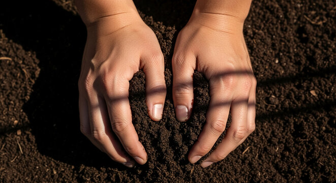 Human hands carefully cupping rich fertile soil, symbolizing nature, growth, and environmental care