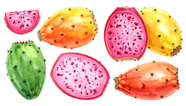 Prickly pear fruits whole and sliced showing vibrant colors and juicy texture in a detailed watercolor botanical food illustration generative AI
