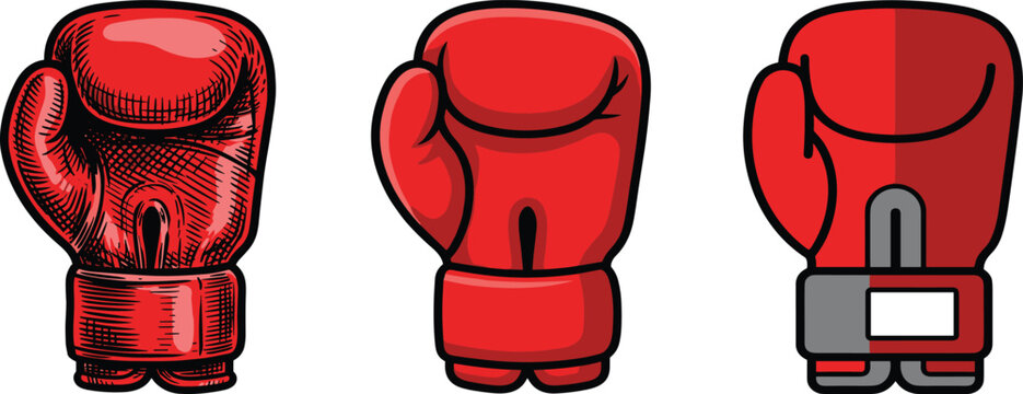 Red Boxing Glove Vector Illustration Set with Vintage Hand Drawn Engraving Cartoon Graphic and Minimalist Flat Style Icons for Sports and Fitness Designs