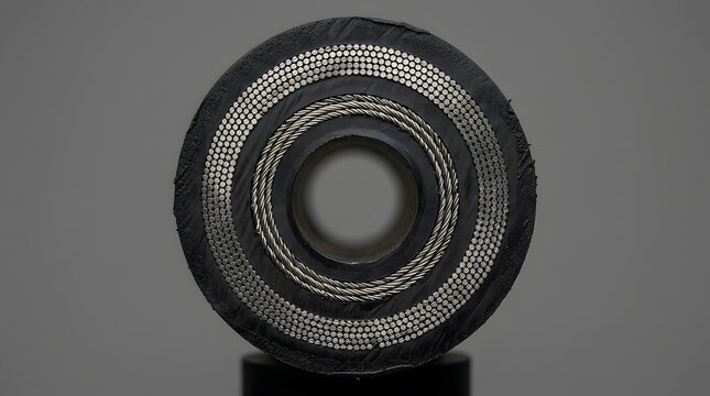 Detailed Cross-Section of a High-Pressure Industrial Hydraulic Hose Showing Multiple Layers of Steel Wire Braid Reinforcement and Thick Rubber Casing for Heavy-Duty Engineering and Machinery.