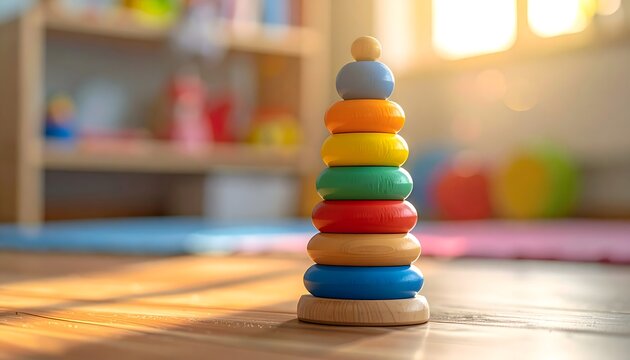 Juguete apilable de madera con aros de colores sobre suelo luminoso en una habitaci&oacute;n infantil