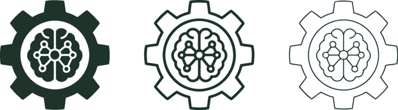 Brain inside gear set representing artificial intelligence and cognitive computing concepts in solid and outline styles