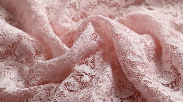 Delicate pale pink guipure lace fabric laid flat on a clean white background, showcasing intricate floral patterns and elegant textile texture for luxury fashion, wedding design, and decorative brandi