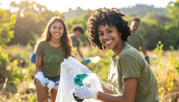 Dos mujeres voluntarias recogiendo residuos en un entorno natural con bolsas de basura y luz c&aacute;lida al aire libre