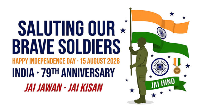 Indian independence day 15 august 2026 79th anniversary greeting card with soldier holding indian flag and jai hind slogan