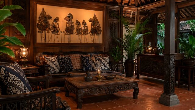 Traditional Indonesian living room &mdash; teak, rattan, batik, wayang