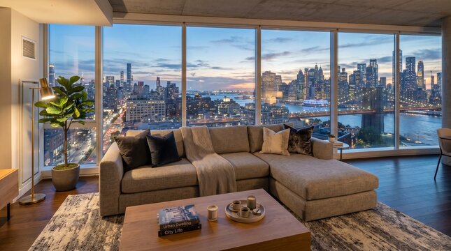 Stylish sofa set facing a panoramic city skyline.