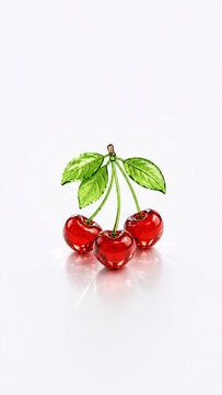 Crystal Glass Cherries with Green Leaves on White Background