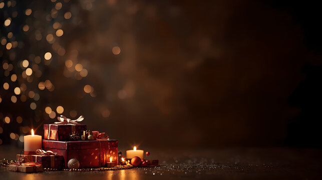 Cozy Christmas background with red gift boxes burning candles and golden bokeh lights
