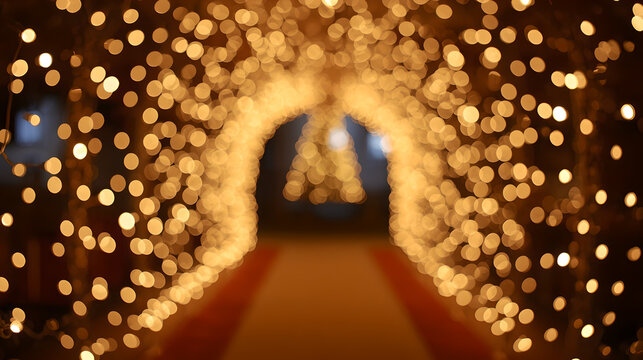 Magical Christmas tunnel background created from glowing golden bokeh fairy lights