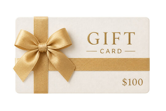 A gold ribbon tied on a white gift card with "GIFT CARD $100" text, on a transparent background.