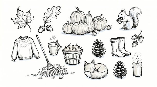 Autumn icon Sketch" gives a more artistic, minimalist, and organic impression compared to colorful illustrations. This style is very popular for designs that require a personal touch or decoration tha