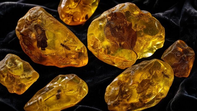 Several raw amber copal resin pieces on black velvet with ancient inclusions.