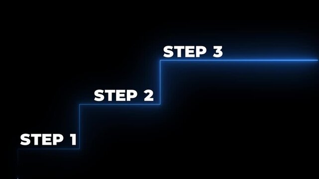 Step by step - Performance and Improvement Concept. Step 1, Step 2, Step Step 3 on dark Background.