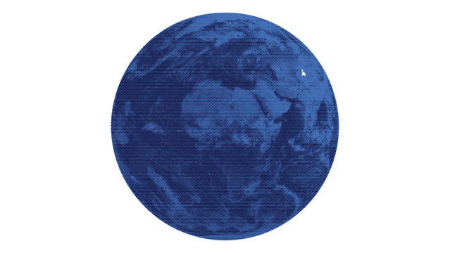 Blue earth globe with halftone dot pattern, showing continents of europe, africa, and asia, isolated on white background