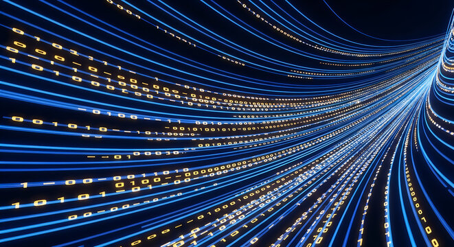 Glowing blue light streaks and binary digits flow through a deep dark digital space representing modern high speed data transmission