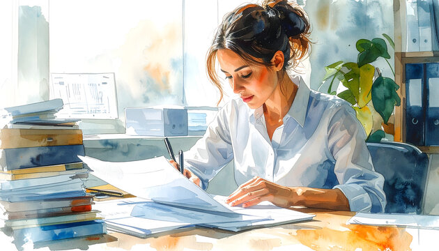 Woman organizing paperwork at her desk with documents and folders showing a methodical professional focus in a calm watercolor office illustration generative AI