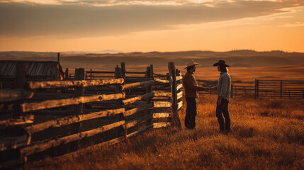 Fototapeta premium Two cowboys shaking hands in a rural field at sunset with wooden fence