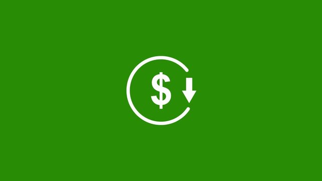 Abstract decrease icon on green background. Dollar rate down looped icon. Reduce costs sign and symbol. Motion graphics of concept. animation