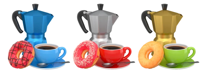 Set of moka pots with matching coffee cups and assorted donuts isolated on white background, breakfast concept © boule1301