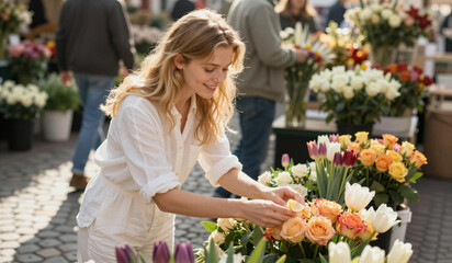 Fototapeta premium Woman smiles while arranging vibrant spring flowers. Soft sunlight glows on her calm, focused expression. Colorful tulips, roses, and orchids fill the market stall